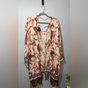 Angie Womens Open Front Boho Fringe Floral Paisley Hippie kimono size M EUC